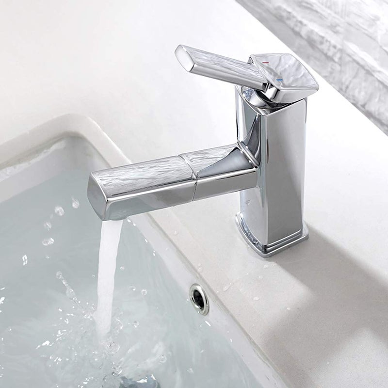 KAIYING Bathroom Sink Faucet with Pull Out Sprayer, Single Handle Basin Mixer Tap for Hot and Cold Water, Lavatory Pull Down Sink Faucet with Rotating Spout (Regular, Chrome) - Image 4